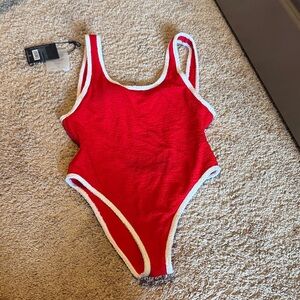 Vibrant Red One Piece Swimsuit with White contrast